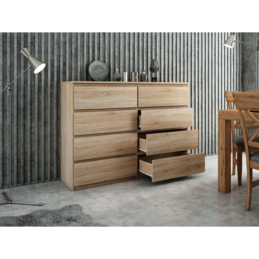 Thumbnail - Mobelsta Kommode, Sonoma Eiche, Weiß Hochglanz, Holzwerkstoff, Teilmassiv,Strukturbuche, 8 Schubladen, 120x101.5x39 cm, ...