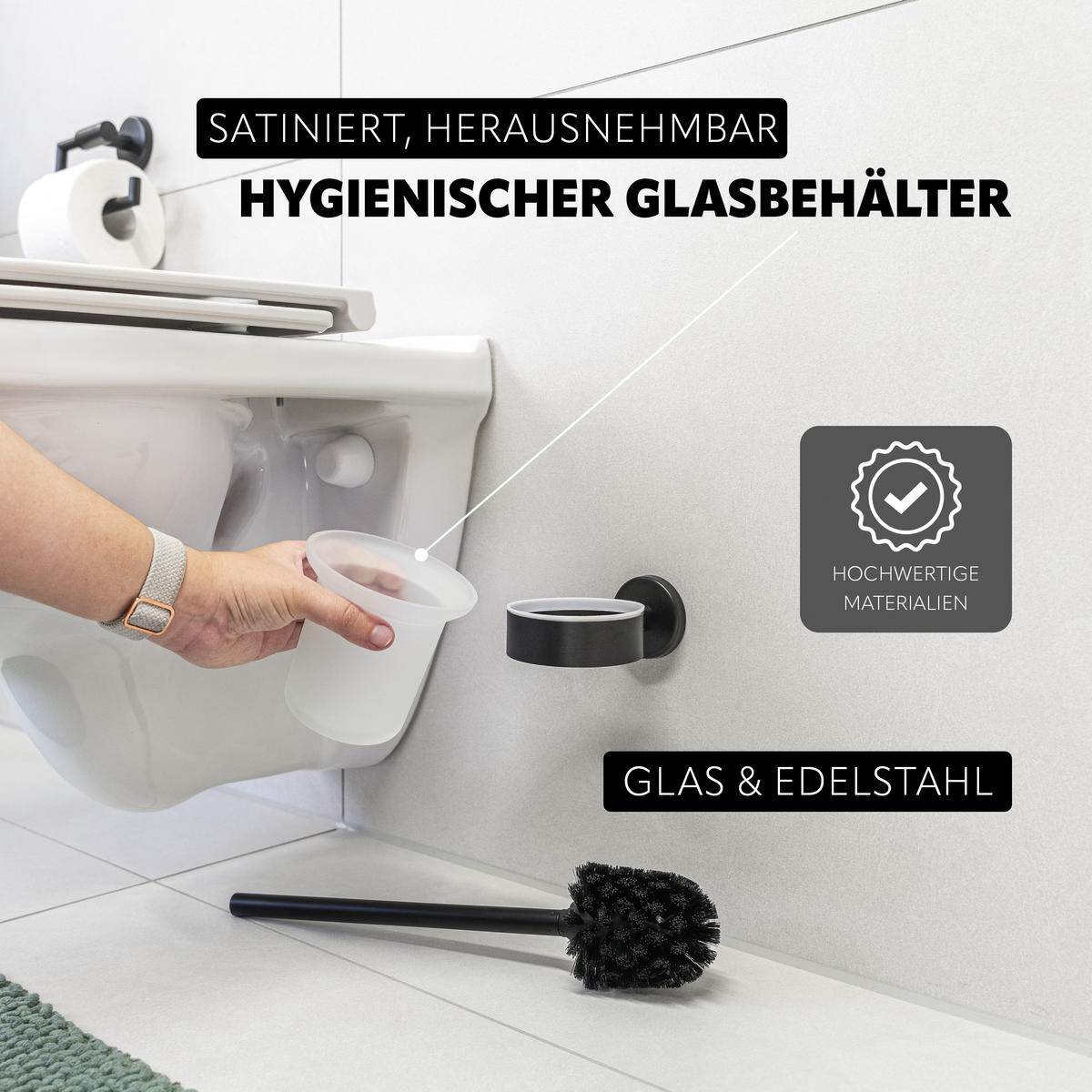 WC-GARNITUR PIAZZA BLACK, schwarz, inkl. Klebeset - Schwarz, Metall (11.5/35/14.5cm) - bremermann