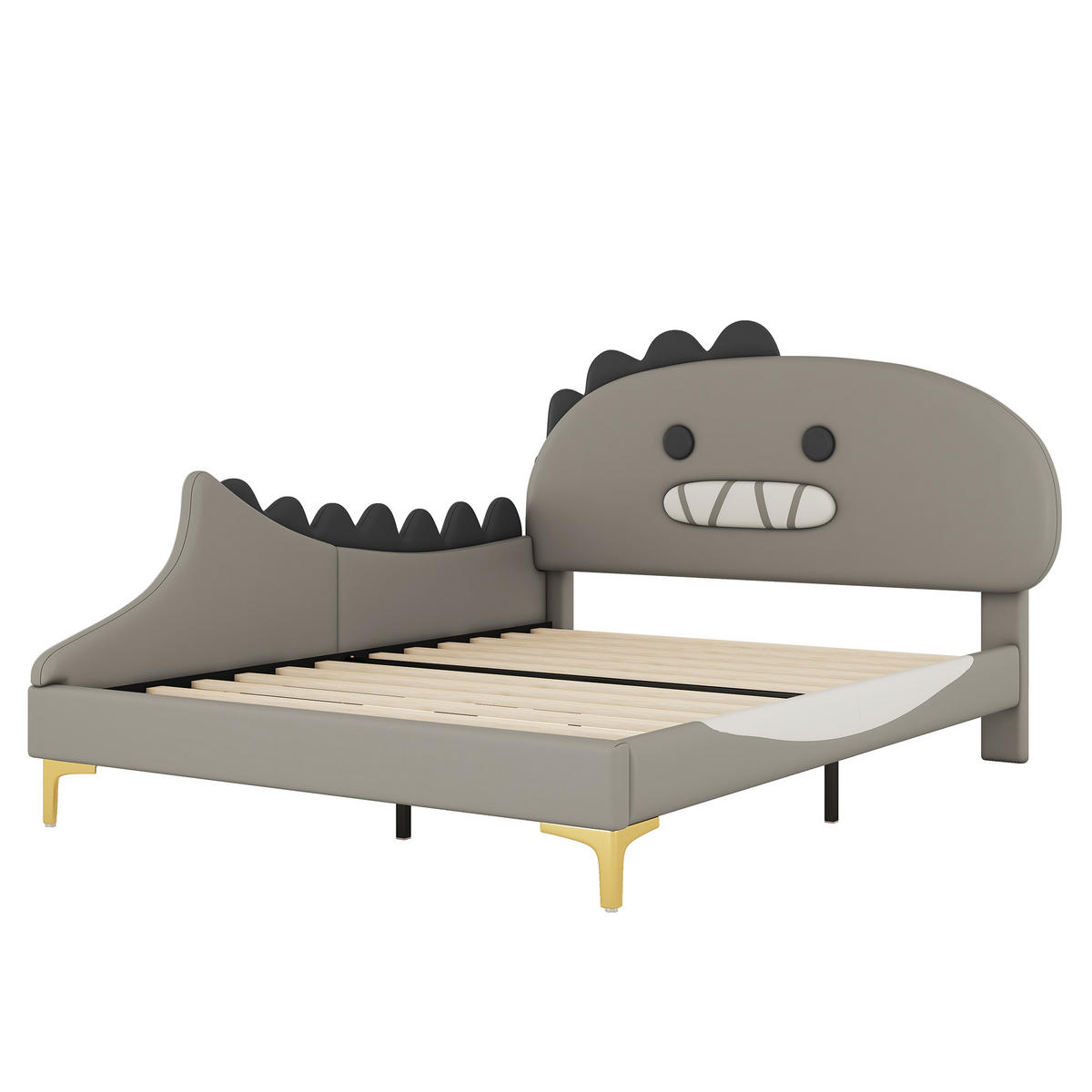 KINDERBETT 140 x 200 cm, Dinosaurier-Motiv, flache Matratze, PU-Material, grau - Grau, Kunststoff (140/200cm)
