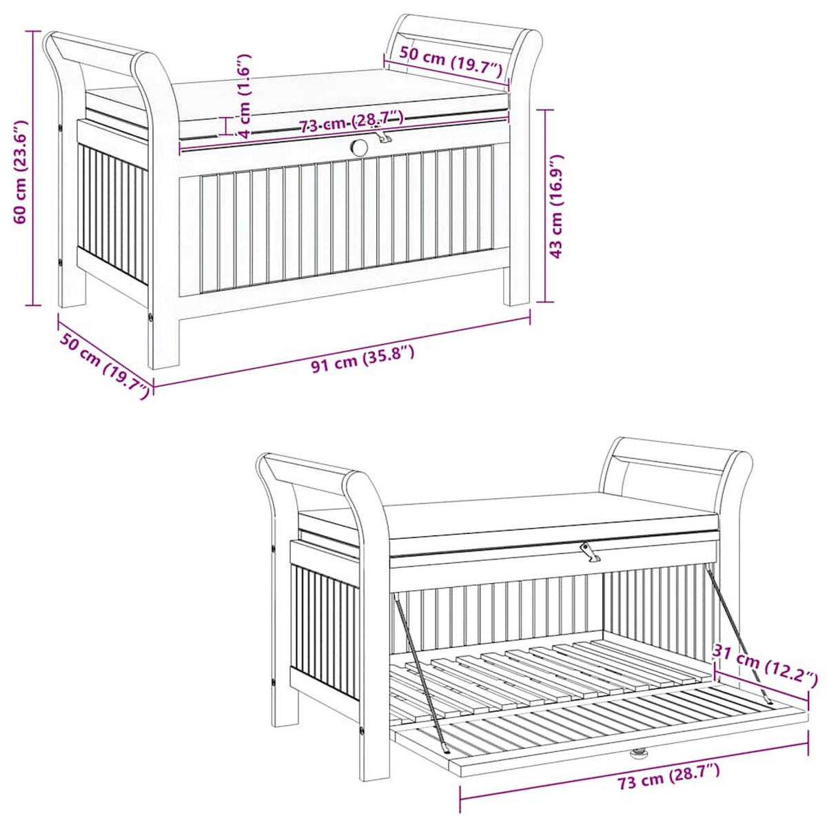 GARTEN-TRUHENBANK Mit Kissen 91 Cm Massivholz Akazie - Braun, Holz (91/60/50cm) - vidaXL