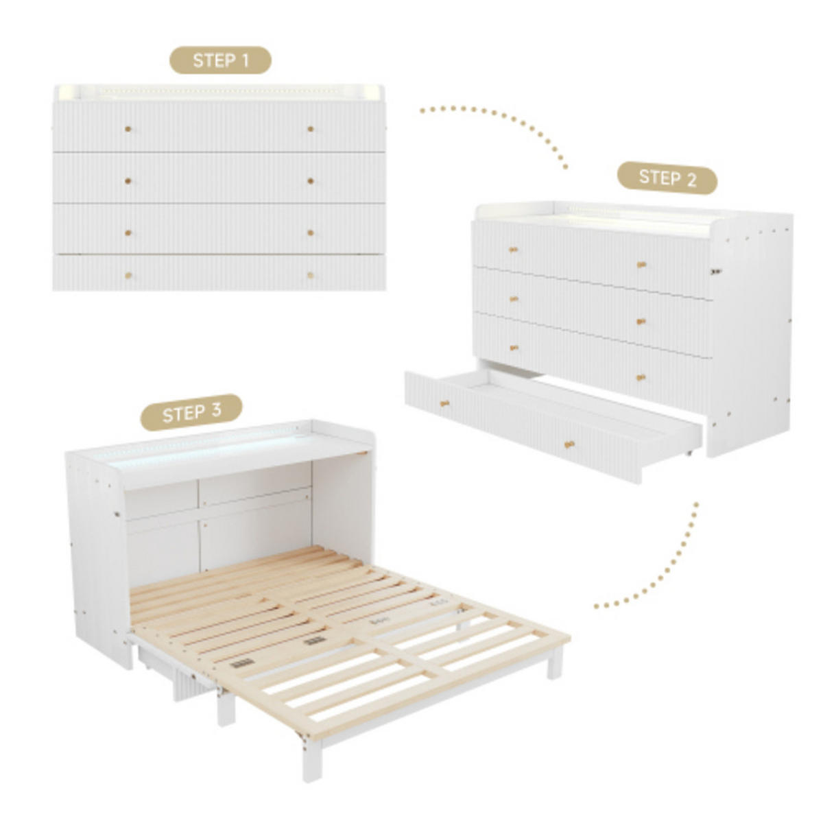 SCHRANKBETT 140 × 200 cm aus MDF und Spanplatte mit LED-Beleuchtung, USB-Anschluss und Stauraumschubladen, weiß - Weiß, Holzwerkstoff - Luhomfu
