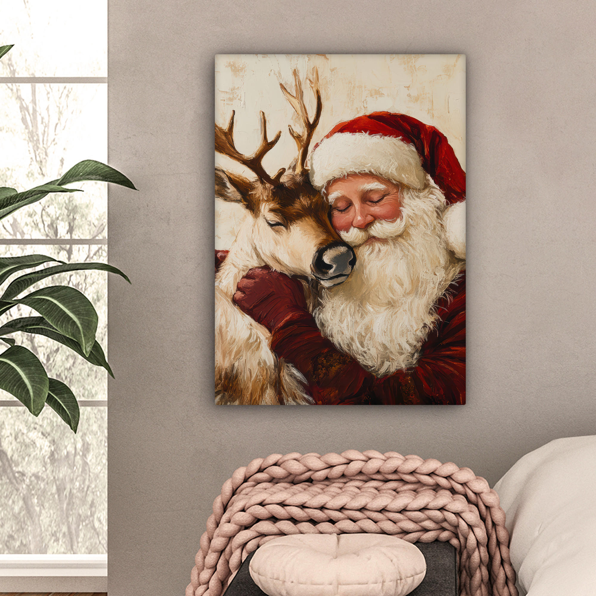 LEINWANDBILD Weihnachtsmann - Rentier - Weihnachten 60x80 cm - Rotbraun, Textil (60/80cm) - MuchoWow