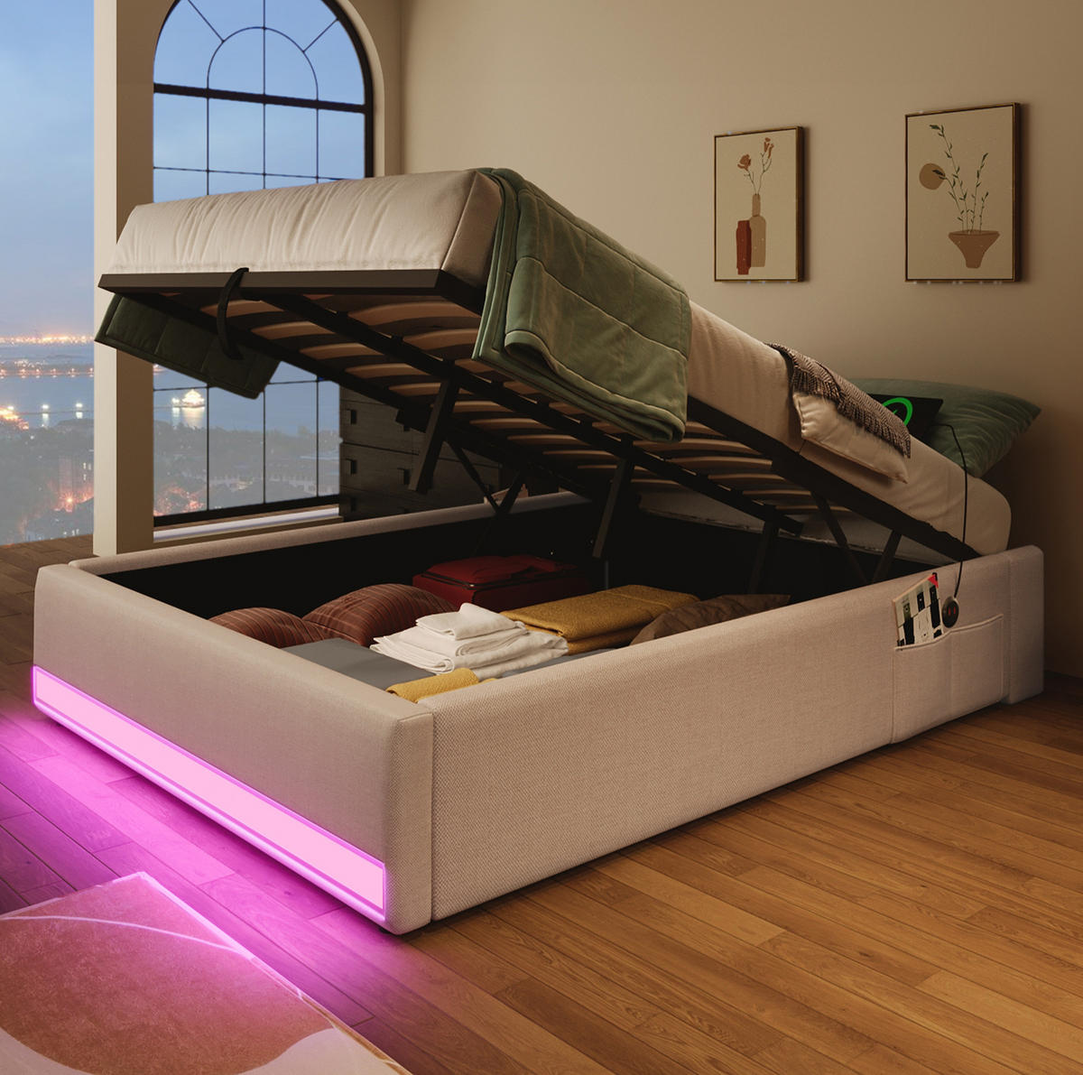 POLSTERBETT 90/200 cm mit Bettkasten, LED-Beleuchtung und USB/Typ-C - Beige, Textil (90/200cm) - BEAOK
