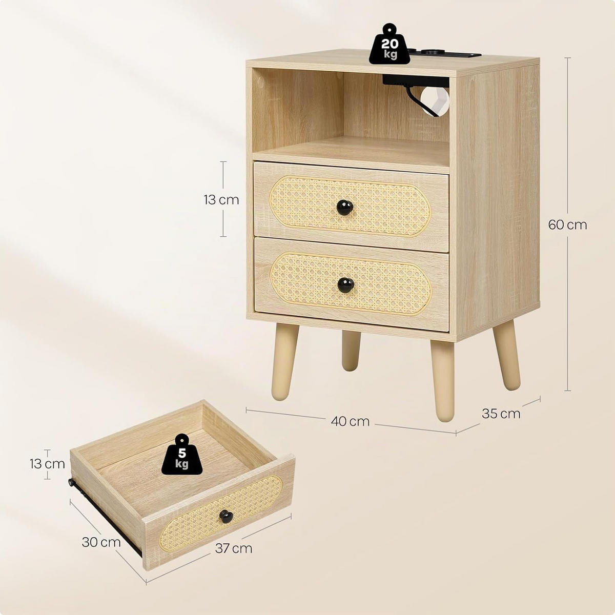 NACHTSCHRANK 35/40/60 cm, Ladefunktion & LED, Eiche - Eichefarben, Holzwerkstoff (45/60/35cm) - Woltu