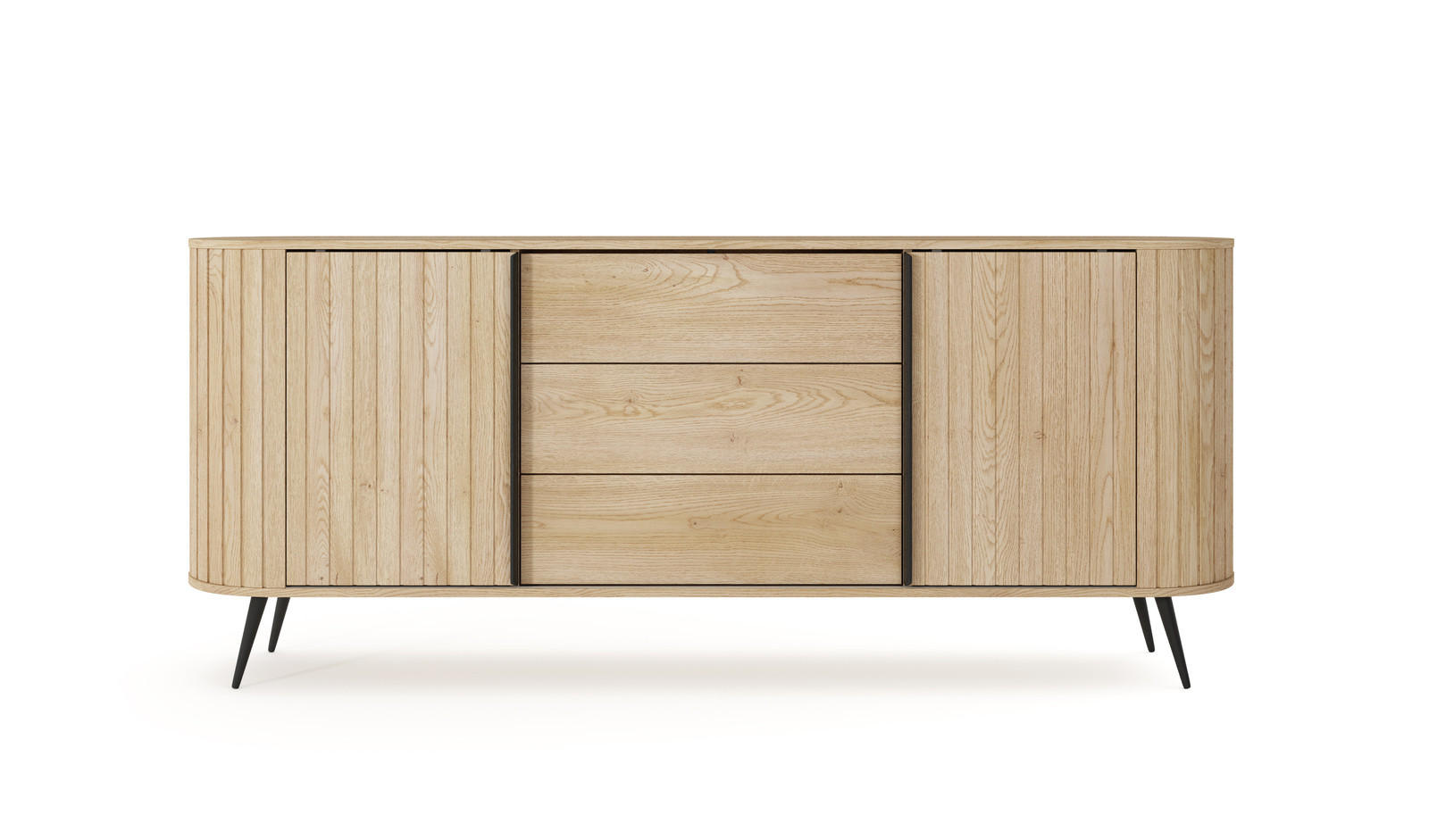 SIDEBOARD LOVI 196 cm Eiche Cremona - mit Schiebetüren und Riffel-Front - Eichefarben/Schwarz, Holz/Holzwerkstoff (196/82/40cm) - Ravio