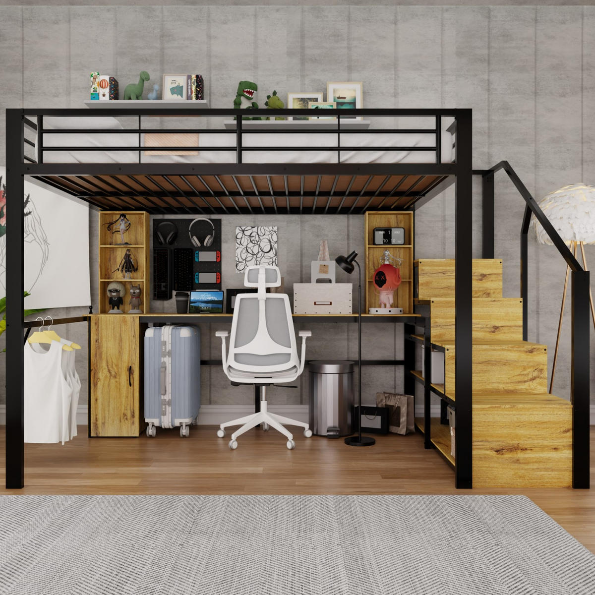 HOCHBETT Metall/MDF 140x200 cm Schwarz mit Schreibtisch, Schrank, Stauraumtreppe und USB-Anschluss - Schwarz, Metall (140/200cm) - Modfu
