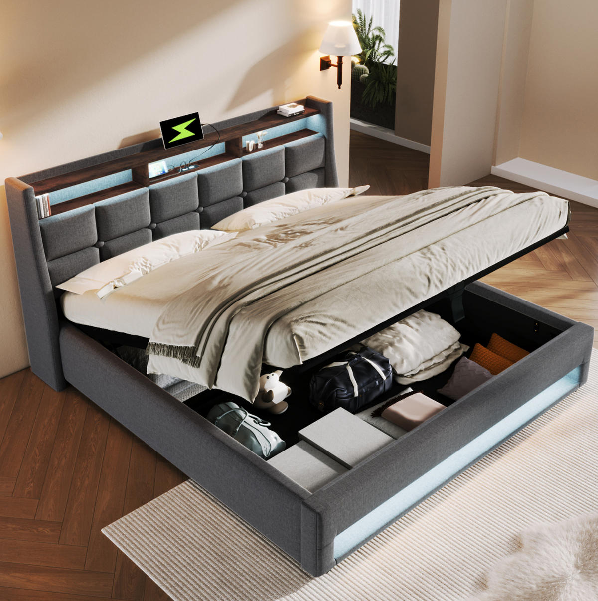 POLSTERBETT 160/200 cm Grau mit LED-Beleuchtung und USB-Anschlüssen mit Matratze - Grau, Textil (160/200cm) - OKWISH