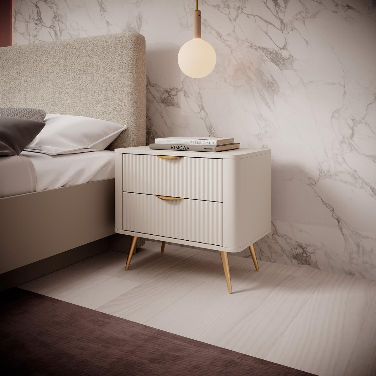 NACHTTISCH Vespasia 2S Beige 63,2/55,3/38 cm – Geriffelten Fronten - Beige/Goldfarben, Holzwerkstoff/Metall (63.2/55.3/38cm) - AX Living