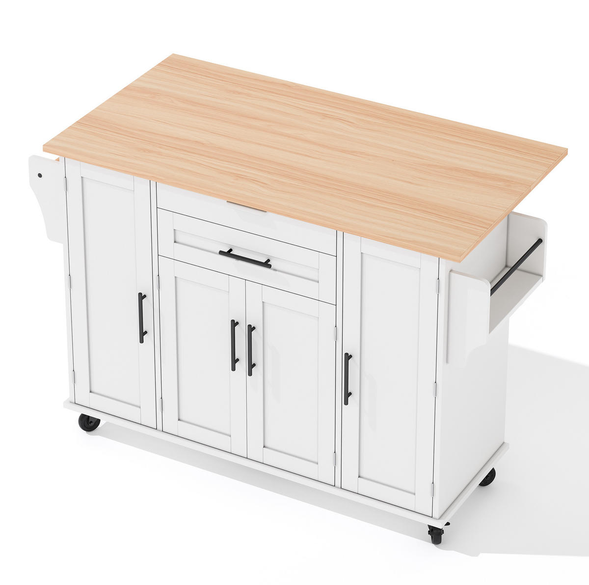KÜCHENINSEL aus MDF 136x70x92 cm Weiß/Natur mit ausziehbarer Arbeitsplatte, Rollen, Schubladen und verstellbaren Einlegeböden - Weiß, Holzwerkstoff (136/92/70cm) - Modfu