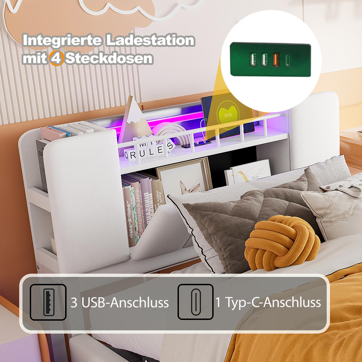 POLSTERBETT 90/200 cm Beige mit Stauraum mit LED-Beleuchtung und USB- und Type-C-Anschlüssen Samtbezug - Beige, Textil (90/200cm) - OKWISH