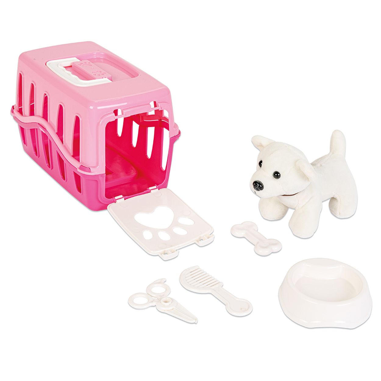 SPIELZEUG Haustier-Spielset 03358 pink 6-teilig, Plüschhund, Tragekäfig, Futternapf, Kamm, Schere, Knochen - Rosa, Textil (15/15/23cm) - Pilsan