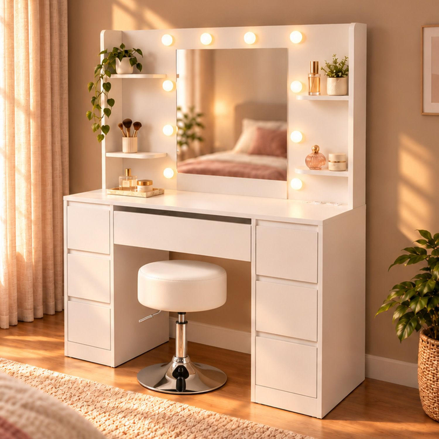 SCHMINKTISCH Malia mit LED und Hocker Tonia - Weiß, Holz (107/140/40cm) - Juskys