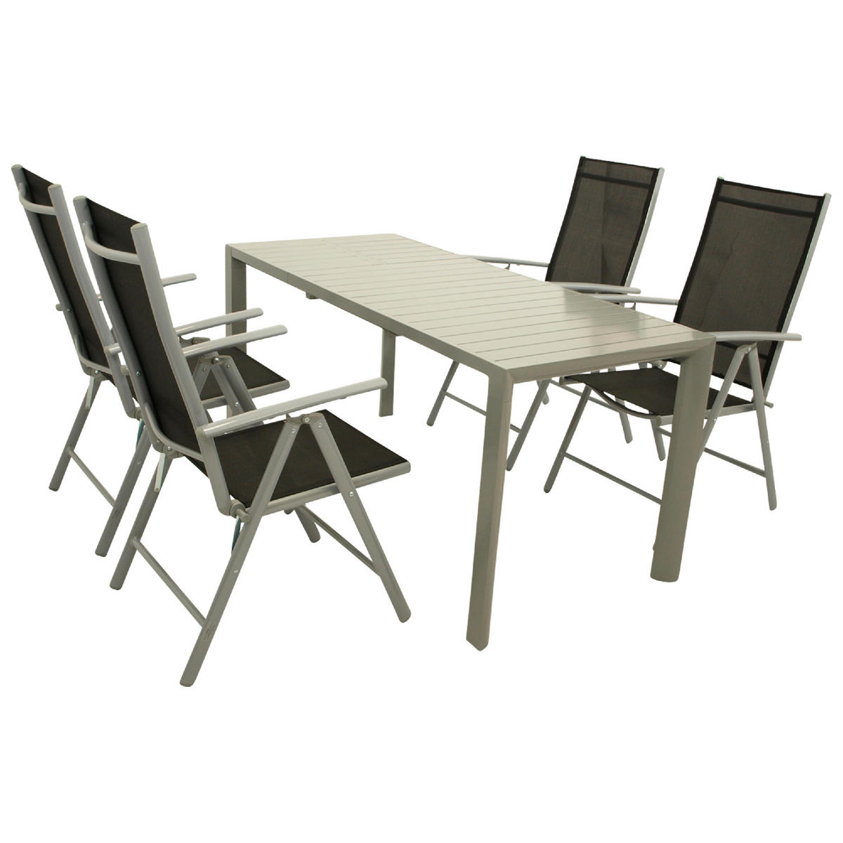 GARTEN-GARNITUR Sunderland - 5-teilige Garten-Essgruppe (4x Stapelsessel mit Aluminiumgestell, Bespannung Textillehne schwarz, Ausziehtisch - Schwarz, Metall - TPFGarden