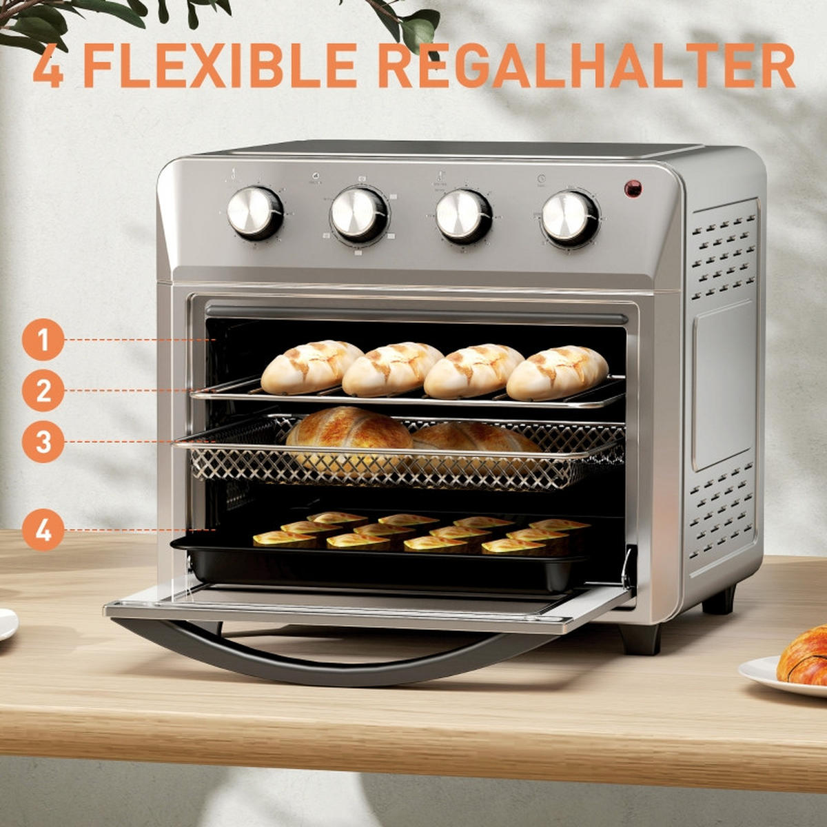 MINIBACKOFEN 24L mit Umluft, 6 Heizmodi Mini Ofen mit Backblech & Grillrost, Heißluftfritteuse Funktion, Silber - Silberfarben, Metall (40.6/36.8/39cm) - Beaface