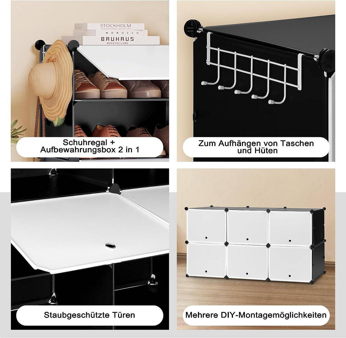 SCHUHREGAL mit 6 Fächern, Schwarz+Weiß - Schwarz/Weiß, Kunststoff/Metall (94/109/35cm) - Woltu