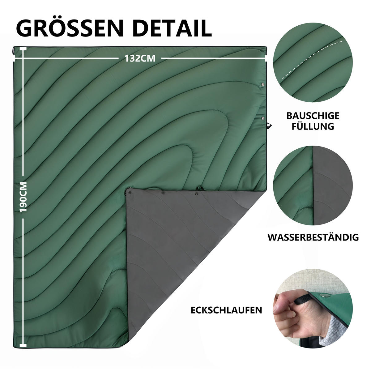 DECKE wasserdicht warm mit Aufbewahrungstasche 192 x 132 cm - Grau/Grün, Textil (132/190cm) - Vercart