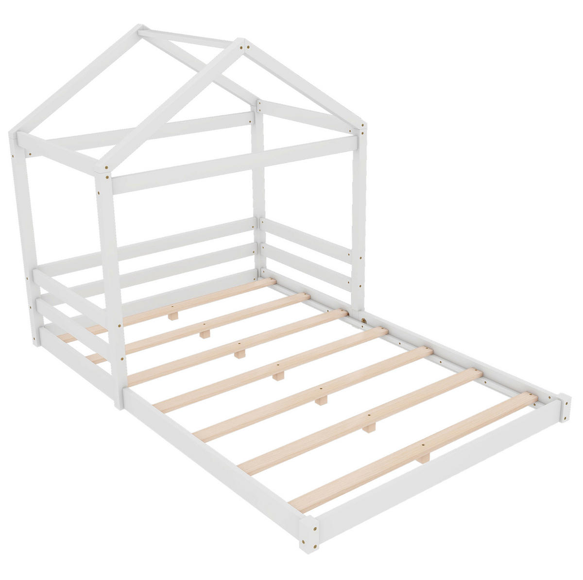 HAUSBETT aus Kiefernholz und MDF 140x200 cm Weiß mit Lattenrost in Hausform - Weiß, Holzwerkstoff (140/200cm) - Modfu