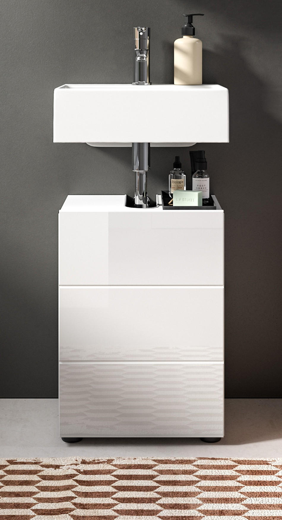WASCHBECKENUNTERSCHRANK weiß Hochglanz 38 cm, Badezimmer Unterschrank 1-türig - Weiß Hochglanz/Schwarz, Holzwerkstoff/Kunststoff (38/56/34cm) - Inn.Furn