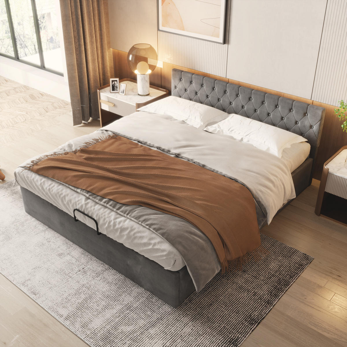 POLSTERBETT 180x200cm Grau Samt Hydraulisch Mit Stauraum - Grau, Textil (180/200cm) - FLIEKS