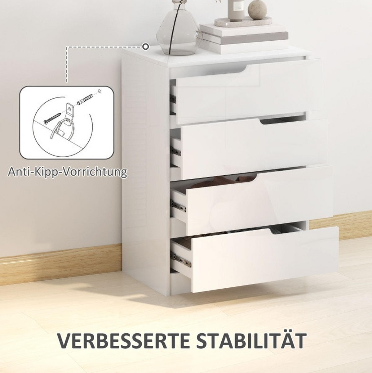 KOMMODE aus Holz 40x60x85 cm Weiß mit 4 Schubladen, Hochglanzoberfläche und Kippschutz - Weiß, Holzwerkstoff (60/85/40cm) - Modfu