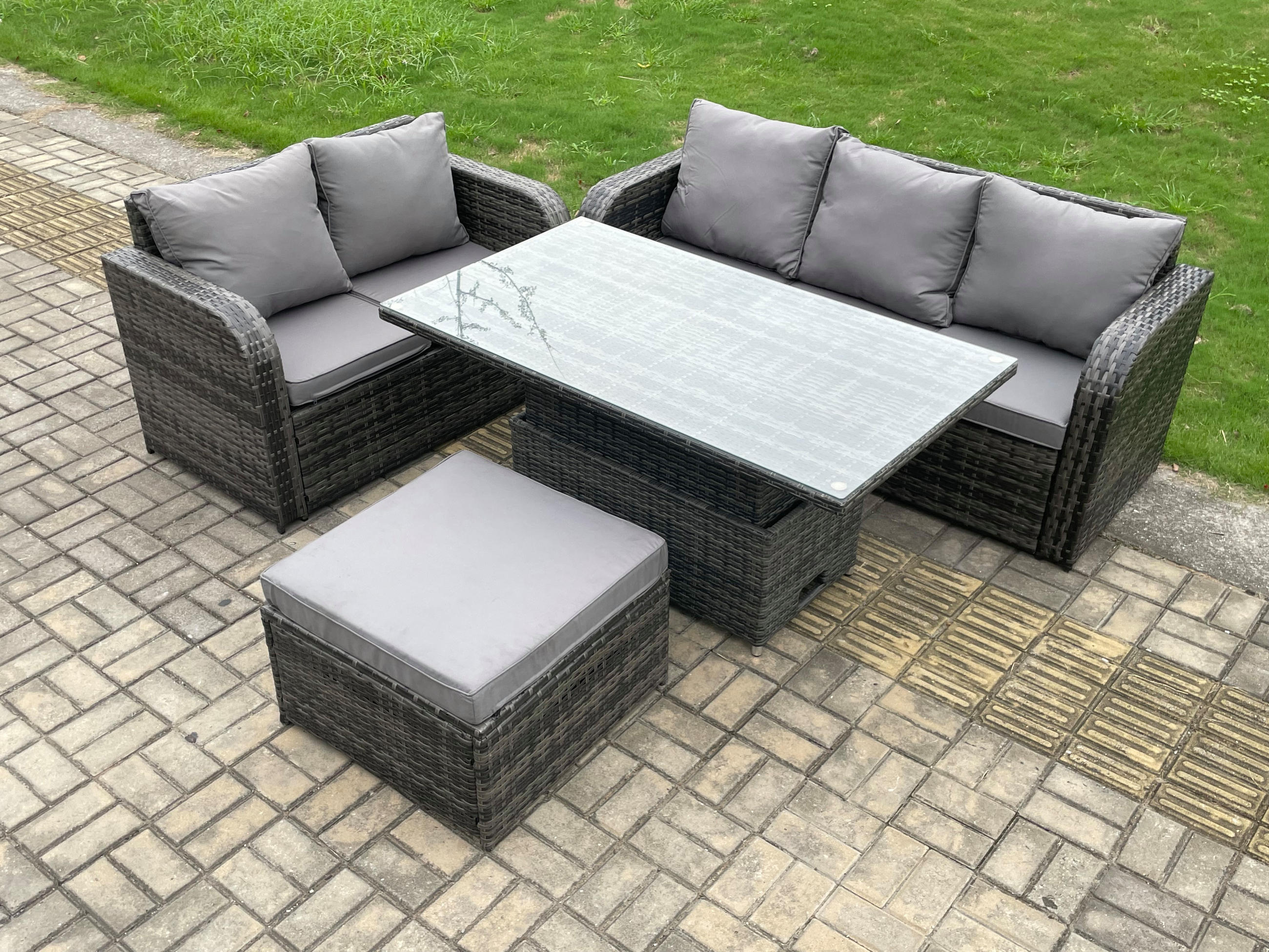 GARTENSOFA-SET HÖHENVERSTELLBARER ESSTISCH Polyrattan Outdoor 6-Sitzer - Dunkelgrau/Grau, Glas/Kunststoff - Fimous