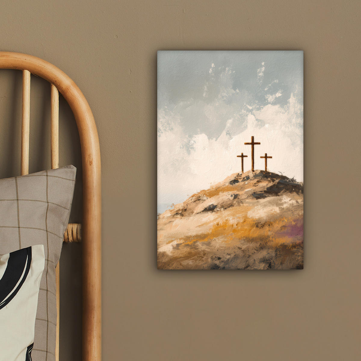 LEINWANDBILD Hügel - Abstrakt - Christentum - Kreuz Deko Wohnzimmer 20x30 cm - Hellgrau, Textil (20/30cm) - MuchoWow