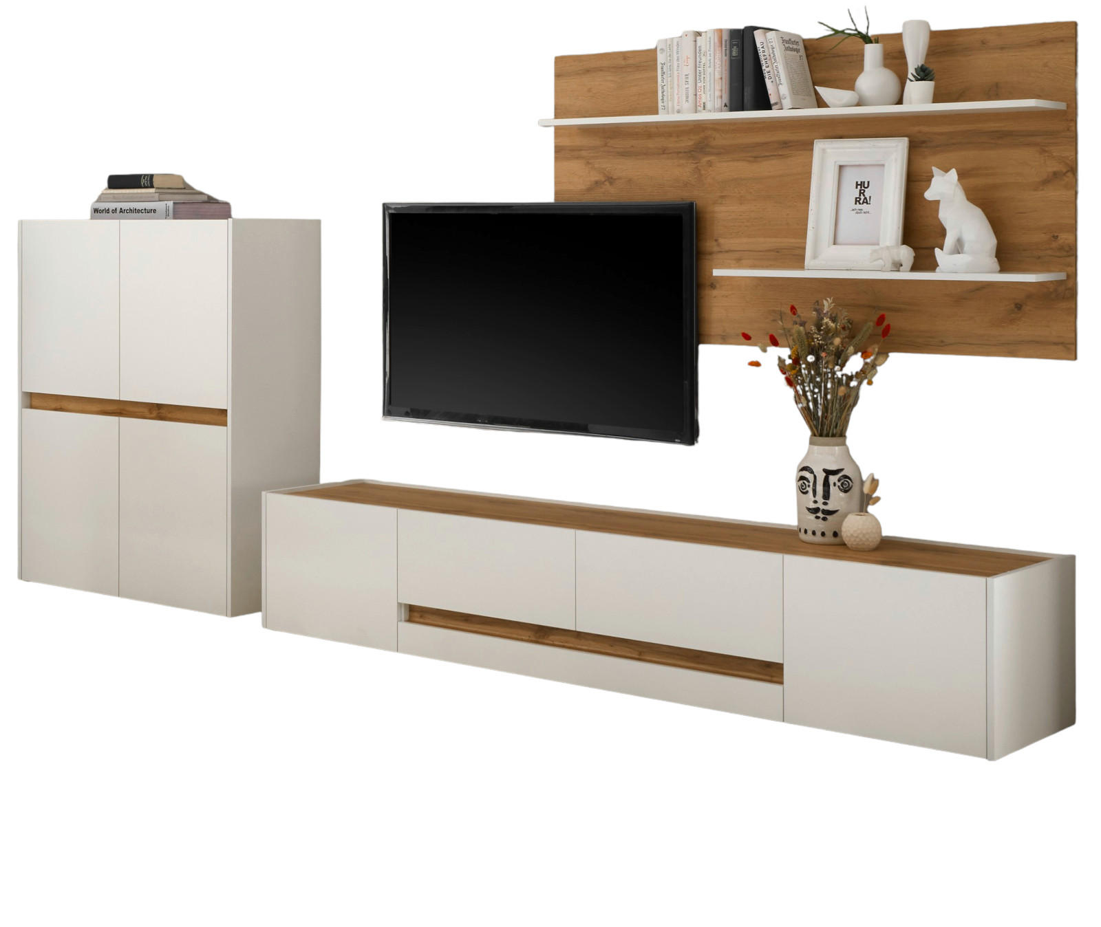 WOHNWAND weiß, Eiche Wotan 3-teilig 340 cm, Schrankwand mit viel Stauraum - Eiche Wotan/Schwarz, Holz/Holzwerkstoff (360/180/45cm) - Furn.Design