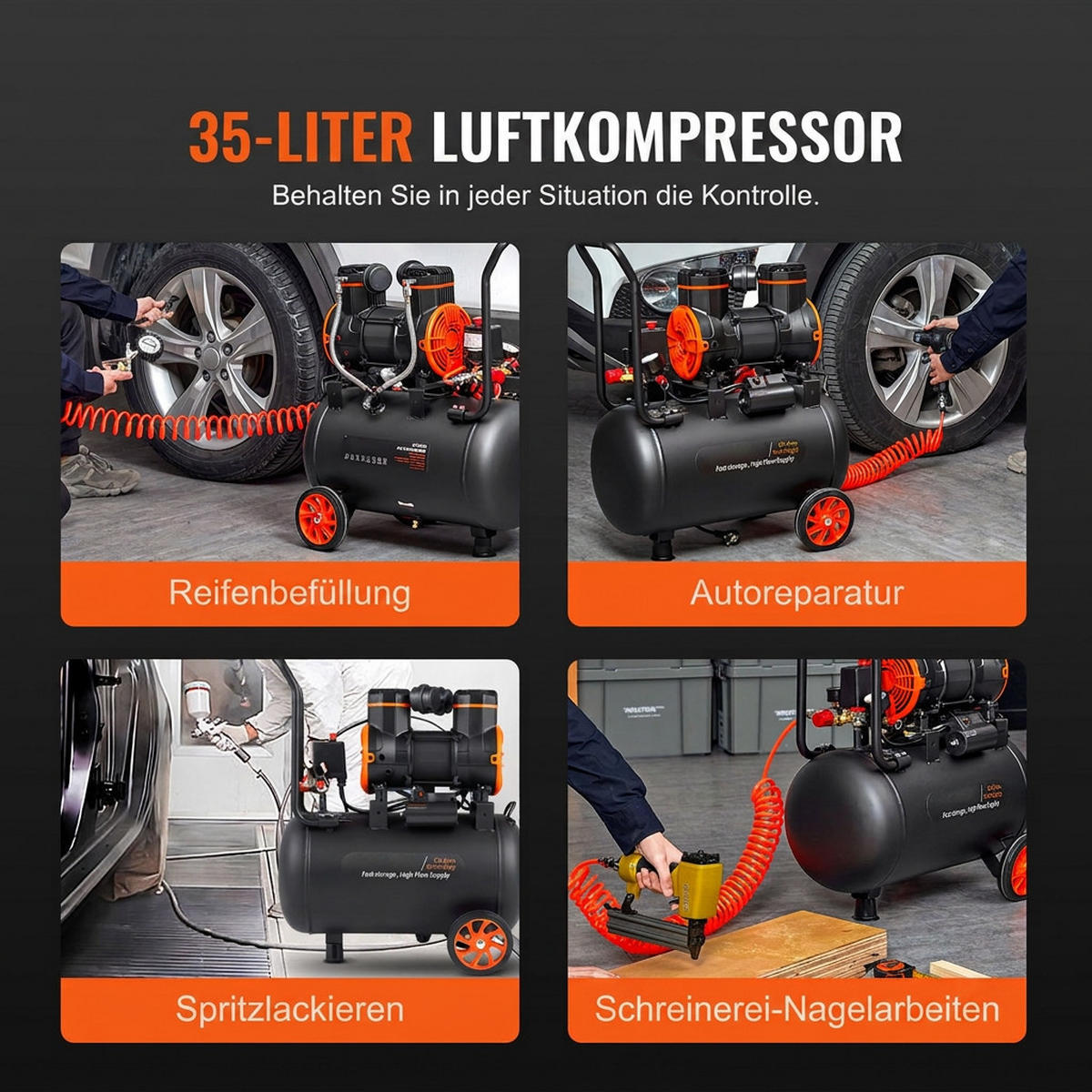 TISCHLERWERKZEUGELUFTKOMPRESSOR 35,2L Ölfrei-1800W Leiser-Druckluftkompressor 70dB 90PSI - Schwarz, Metall (20/30/10cm) - Raelunyi