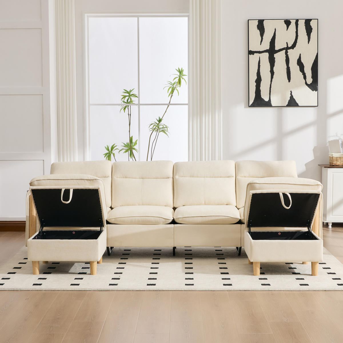 SOFA-SET 4-Sitzer mit 2 Hockern und Stauraum Chenille Beige - Beige, Holz (77/86/261cm) - Meubliv