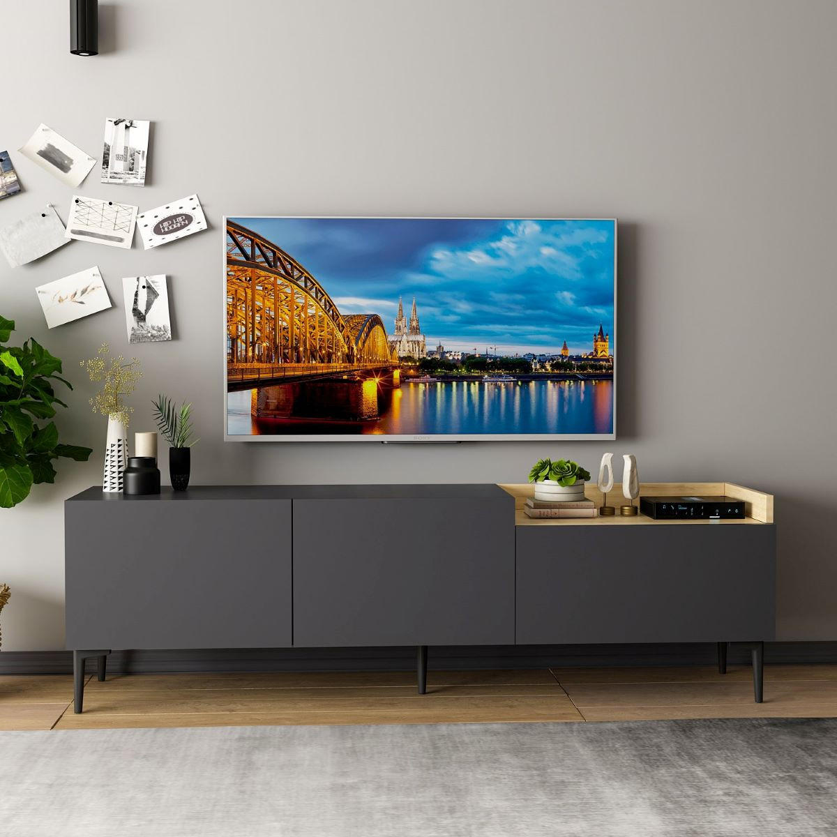 TV-MÖBEL 3 Türen anthrazitgrau L160 cm - Mia - Anthrazit, Holzwerkstoff (37/48/160cm) - Calicosy