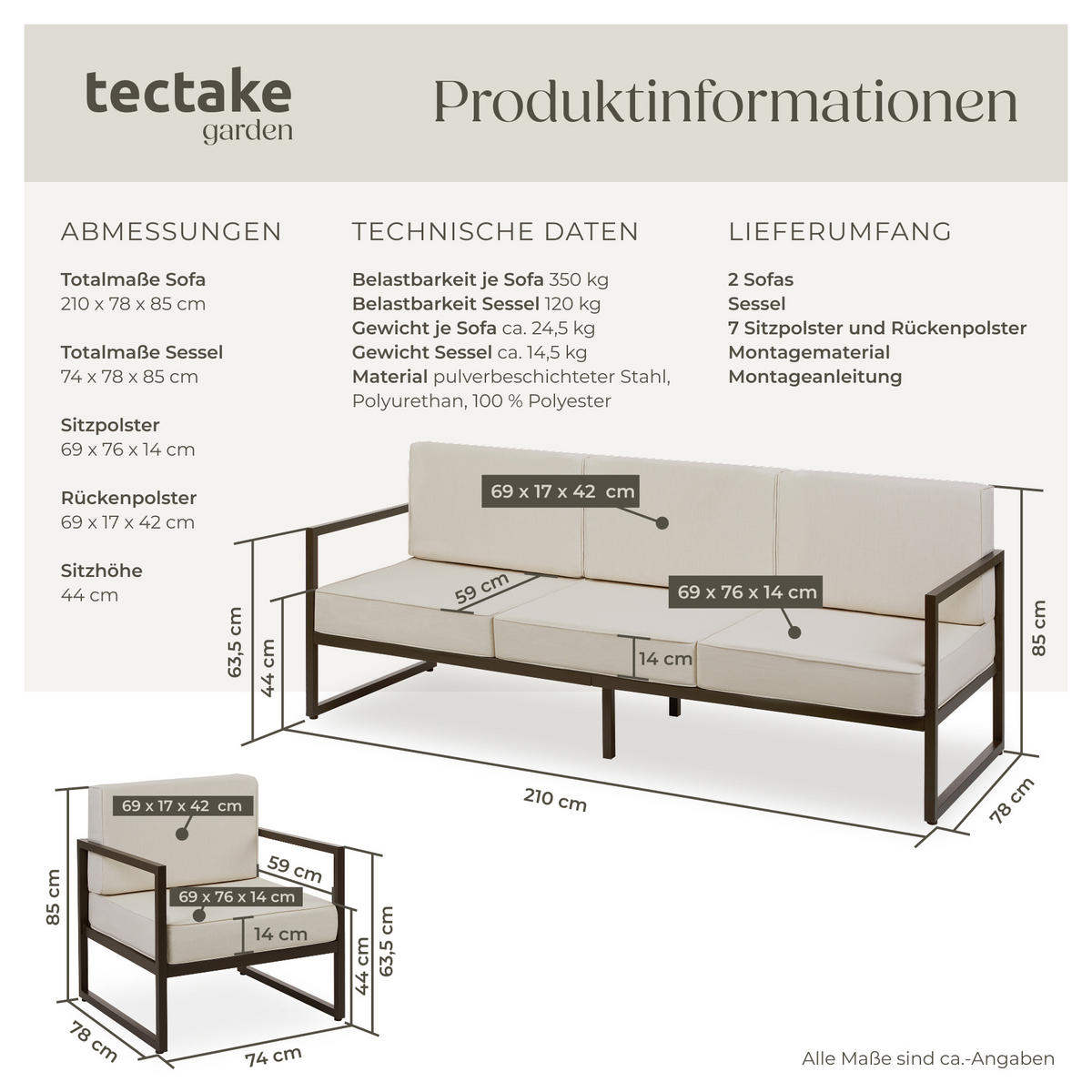 GARTEN-LOUNGESET Comosa,höhenverstellbare Füße,braun/beige - Beige/Braun, Kunststoff - tectake