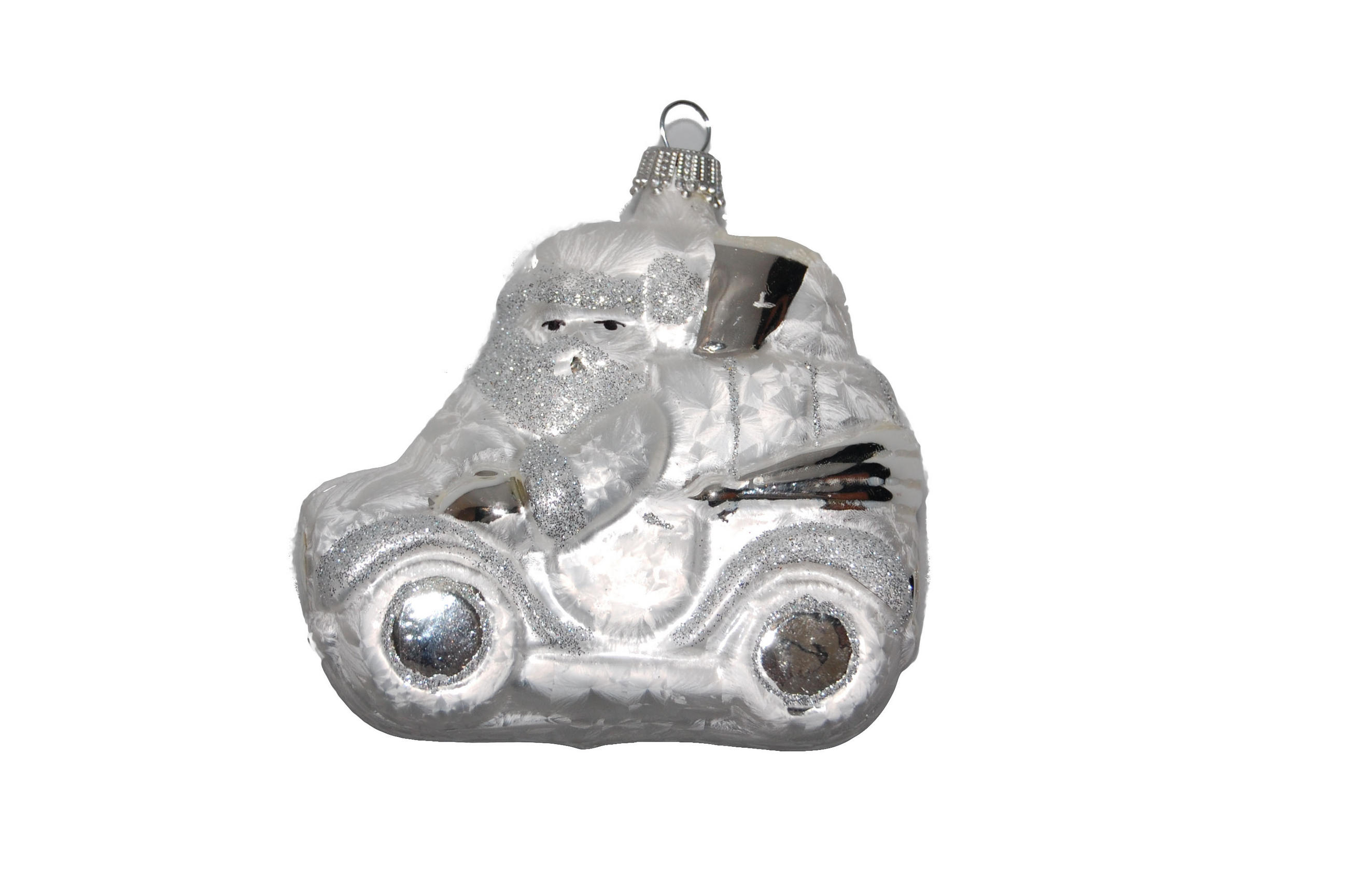 CHRISTBAUMSCHMUCK Weihnachtsmann im Auto Silberfarbig 8cm (Glas / 1 Stk.) - Silberfarben, Glas (4/8/8cm) - Krebs Glas Lauscha