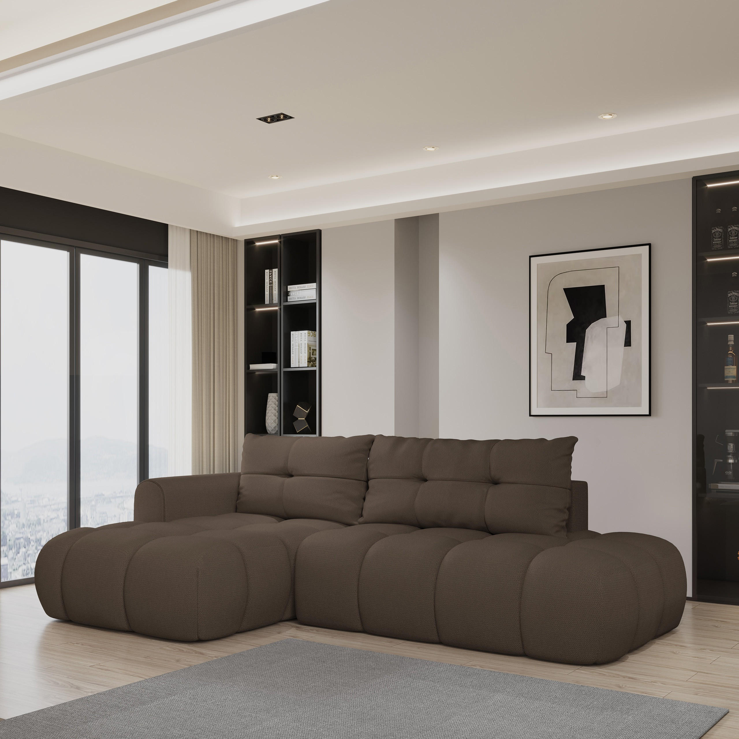 ECKSOFA FLUMA L-S Braun Geflochtener Stoff mit Schlaffunktion - Braun, Holz (274/165cm) - MASSENO