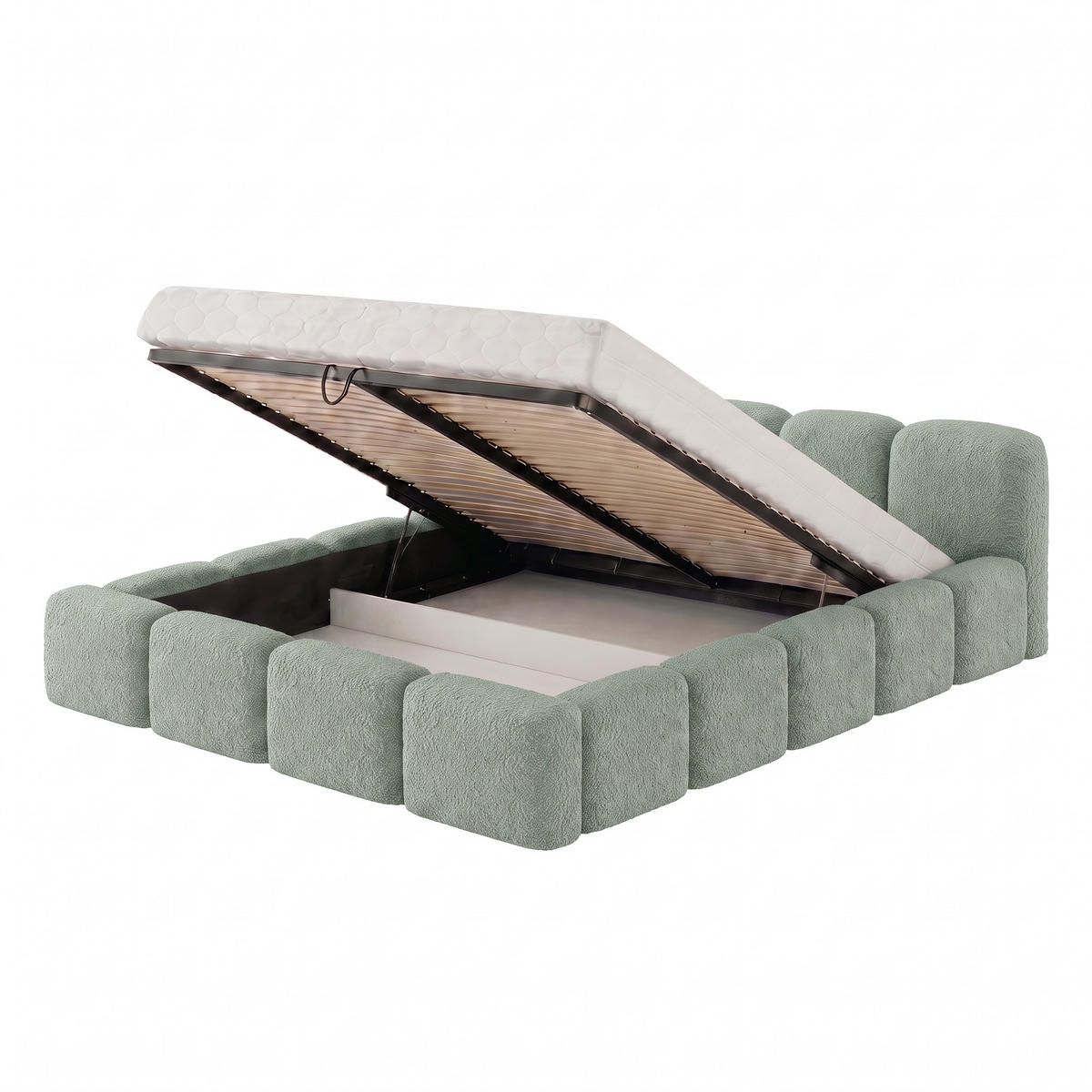 POLSTERBETT SUENO 180x200 cm in Mintgrün, gepolstertes Kopfteil, Metalllattenrost, Bettkasten, Bouclé-Stoff - Naturfarben/Mintgrün, Holz/Textil (180/200cm) - Muffo