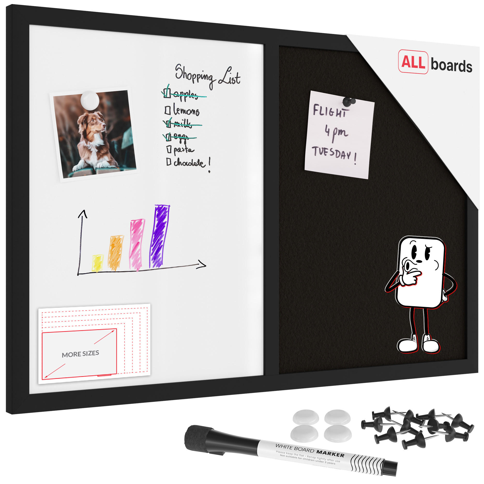 KOMBITAFEL 2 in 1 Whiteboard und Kork 60x40 mit schwarz lackietem Holzrahmen - Schwarz/Weiß, Holz (60/40/0.7cm) - ALLboards