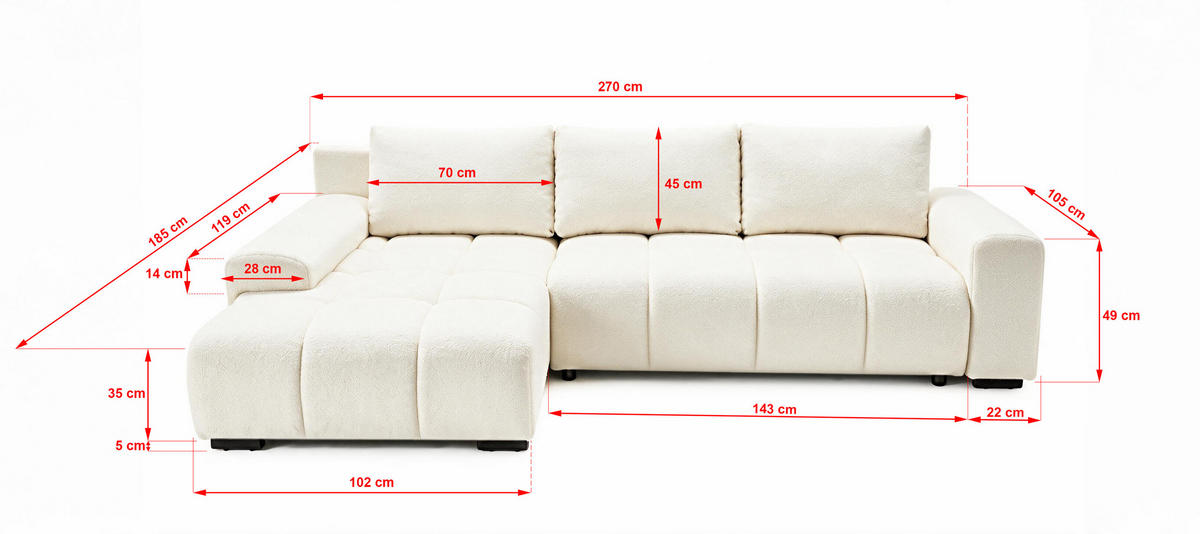 ECKSOFA Ovia mit Bettkasten und Schlaffunktion, Bouclé-Stoff in L-Form - Beige, Textil (270/185cm)