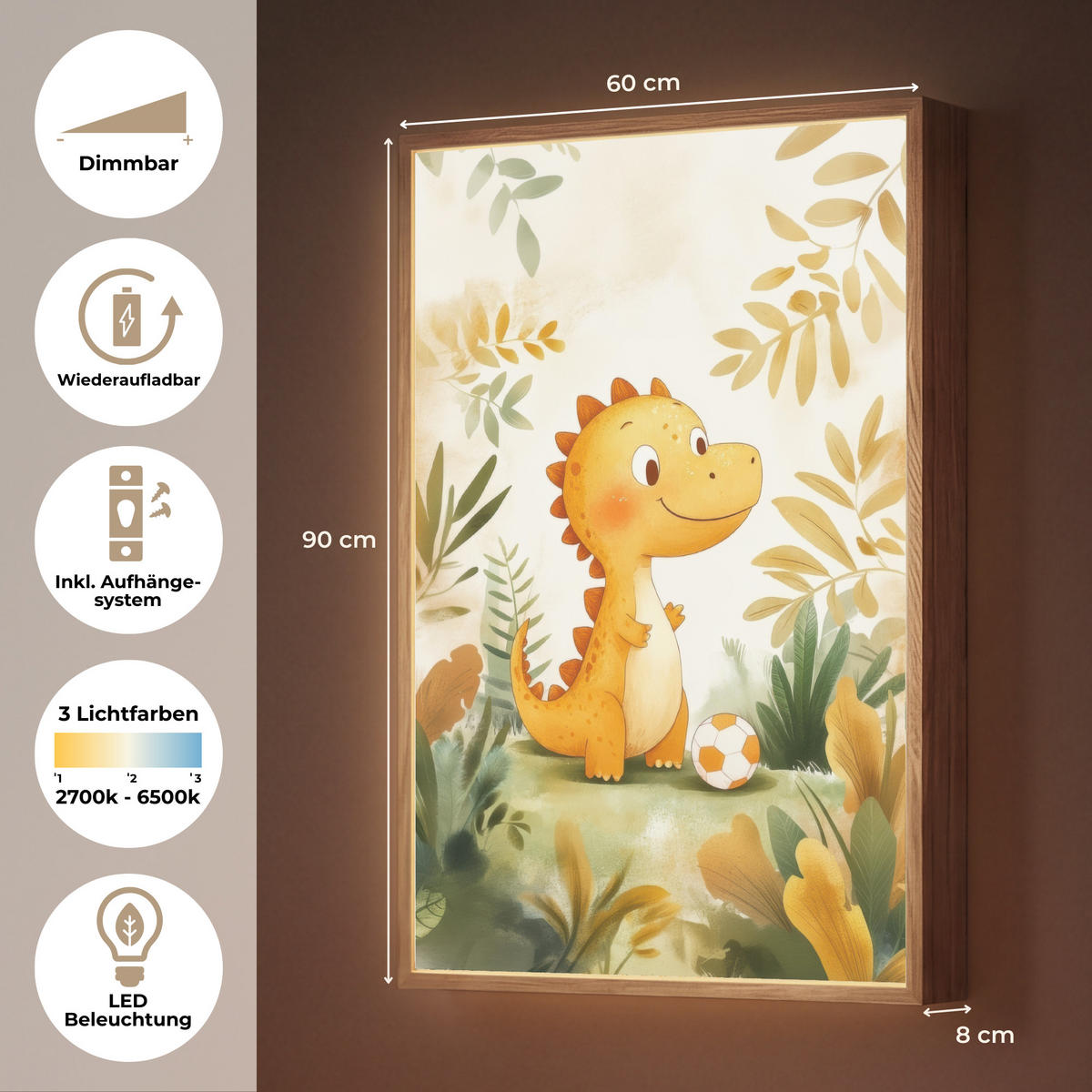 NÁSTĚNNÁ LAMPA S AKUMULÁTOREM Dino - Fotbal - Orange 60x90 cm - béžová, kompozitní dřevo (60/90/8cm) - OnlyWow