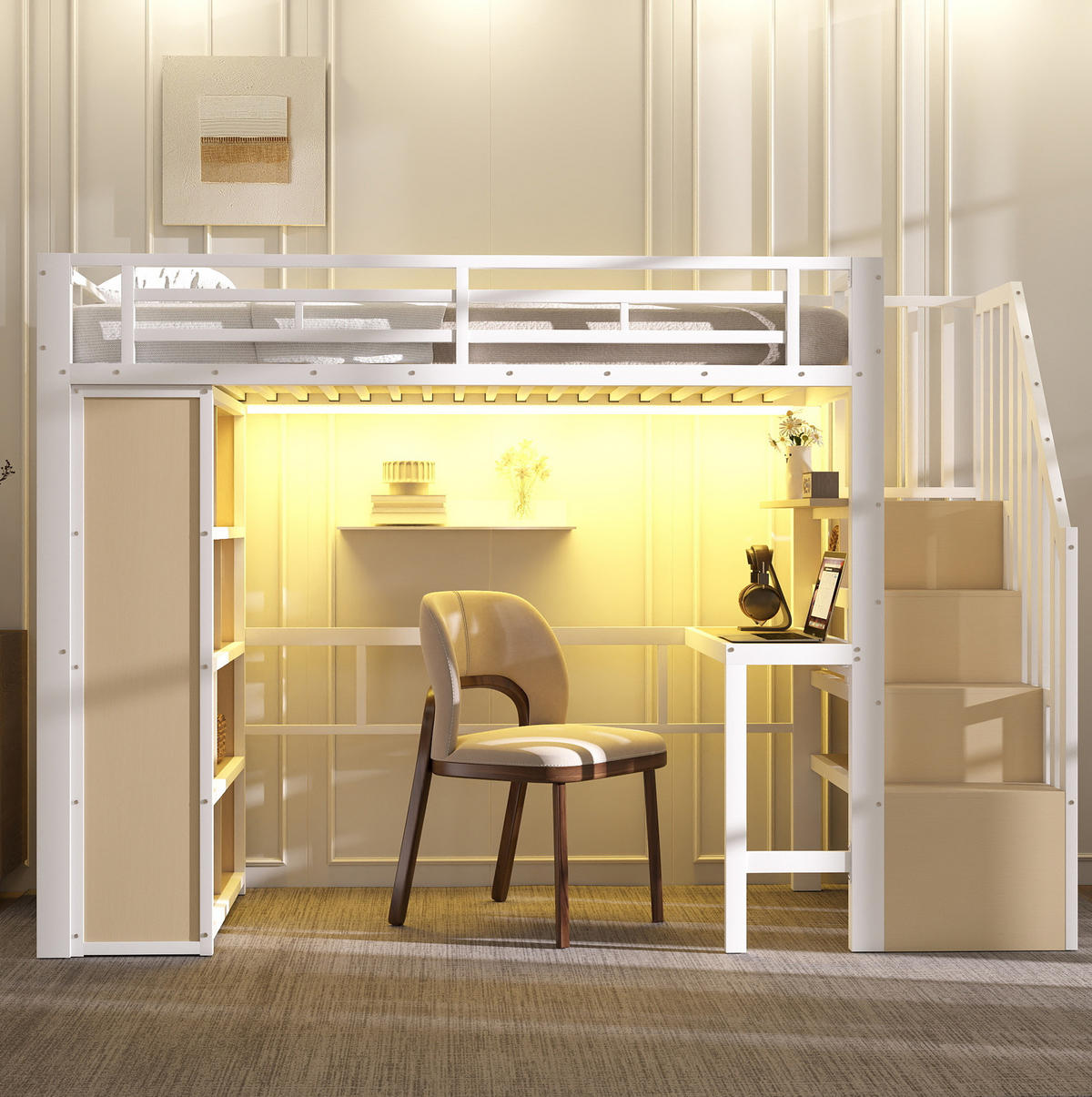 HOCHBETT 90/200 cm aus Metall und MDF mit Schreibtisch, Regalen, LED-Lichtleiste und Stauraumtreppe, Weiß - Weiß, Metall (90/200cm) - Redom