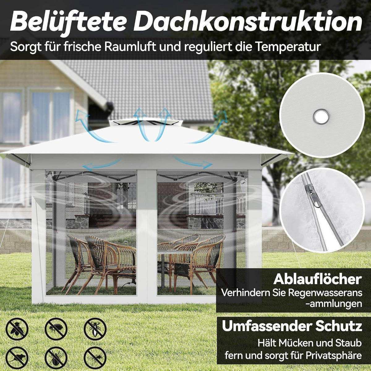 GARTENPAVILLON 400 x 400 cm faltbar mit Netzseitenwänden weiß - Weiß, Kunststoff (400/275/400cm)
