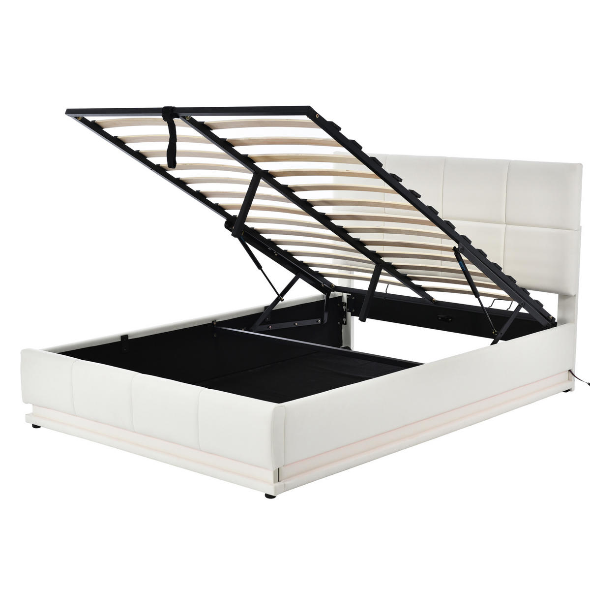 POLSTERBETT 140/200 cm mit LED-Beleuchtung, hydraulischem Bettkasten und Lattenrost, Kunstleder, Weiß - Weiß, Textil (140/200cm) - Redom