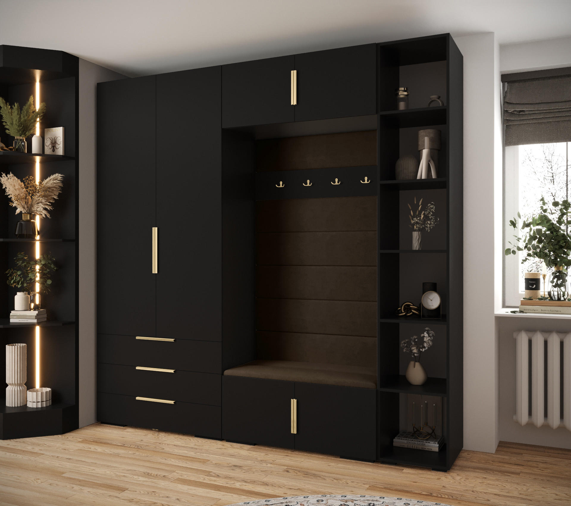 GARDEROBEN-SET 236,7/240/47 - Goldfarben/Schwarz, Holz/Kunststoff (240/236.7/47cm) - Abiks Möbel