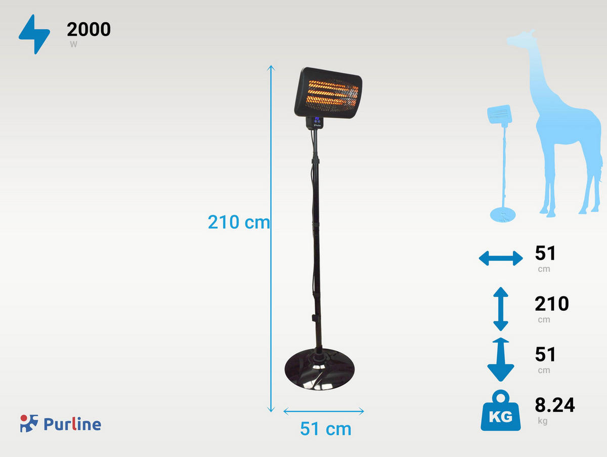 HALOGEN-HEIZUNG auf Standfuß Schwarz outdoortauglich und höhenverstellbar 2000 W - Schwarz, Kunststoff/Metall (51/210/51cm) - Purline