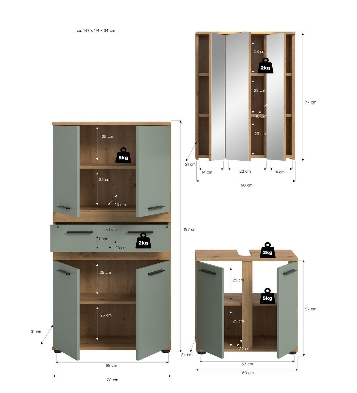 BADMÖBEL-SET 3-teilig Salbei grün, Artisan Eiche 145 cm, moderne Badkombination - Salbeigrün/Schwarz, Glas/Holzwerkstoff (145/191/34cm) - Inn.Furn