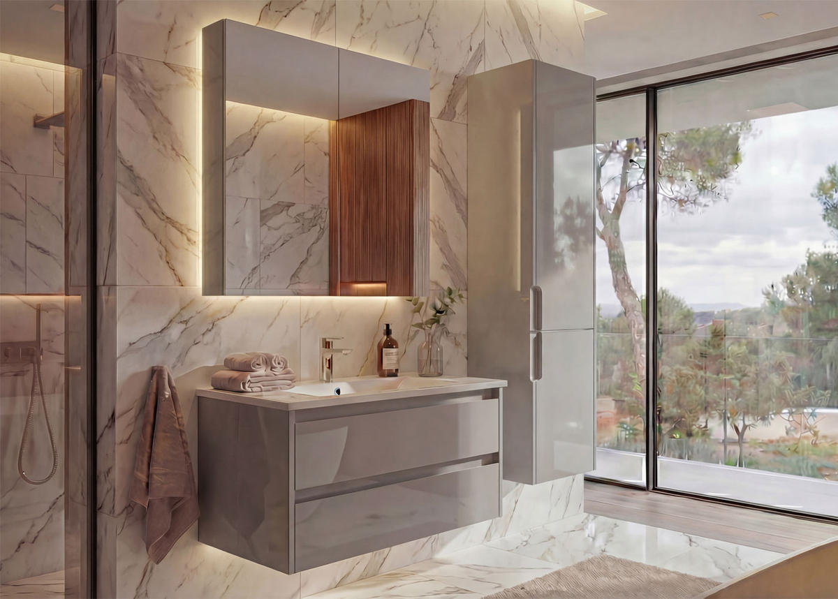 BADEZIMMERSET B19B Hochglanz Grau - Grau, Holz (61/150/47cm) - MCW