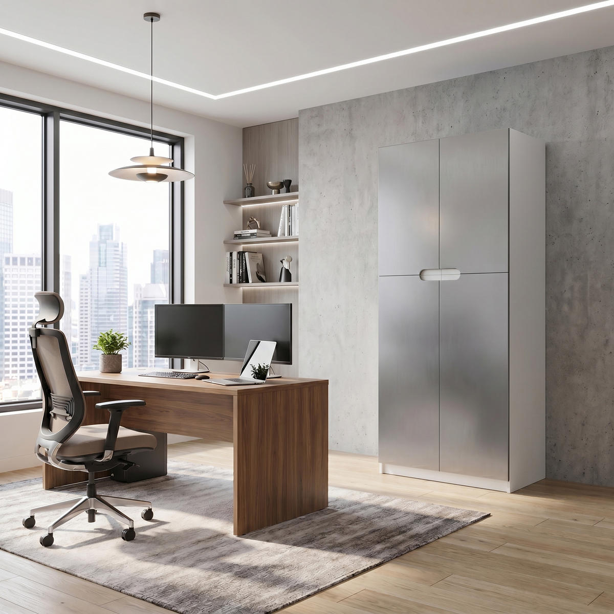 BÜROSCHRANK Logan Fronten in Hellgrau Seidenmatt - Greige, Holzwerkstoff (82/184/37cm) - Vladon