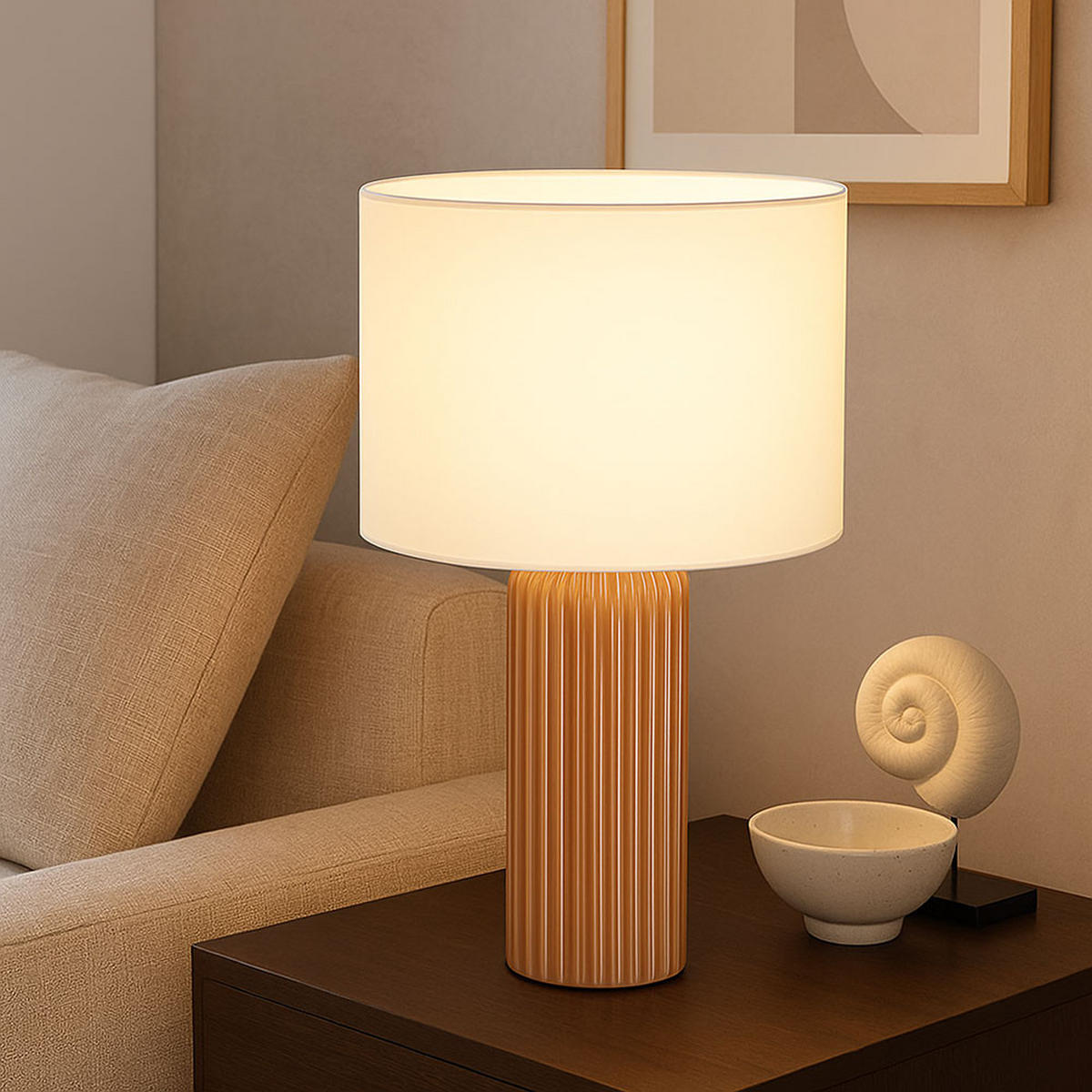 TISCHLEUCHTE Keramik Mokka Beige - Braun, Textil (28/28/51cm)