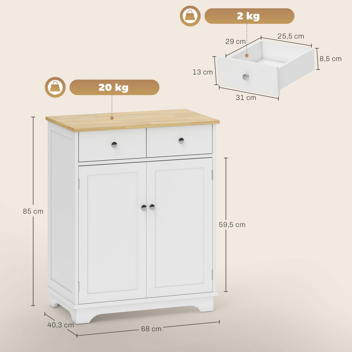 SIDEBOARD DE-10997 2 Türen Weiß/Naturholz - Weiß, Holzwerkstoff (68/85/40.3cm) - ComfortXL