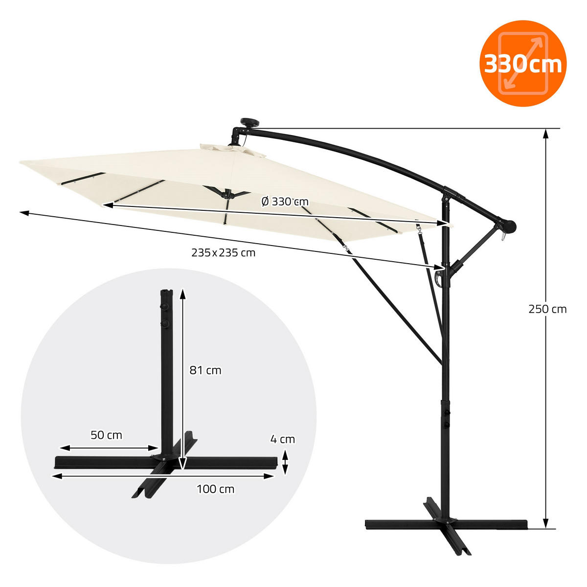 AMPELSCHIRM Ø 330 cm in Beige aus Aluminium mit LED-Solar - Beige, Metall (330/330cm) - ML-DESIGN
