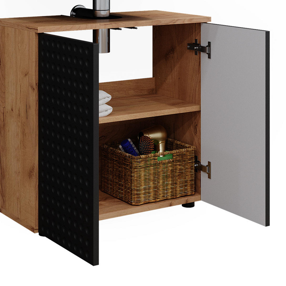 BADMÖBEL-SET Irma Anthrazit gepunktet 4 Teile mit Hochschrank und Kommode - Anthrazit/Eiche Wotan, Holzwerkstoff (80/58.6/41cm) - Vicco