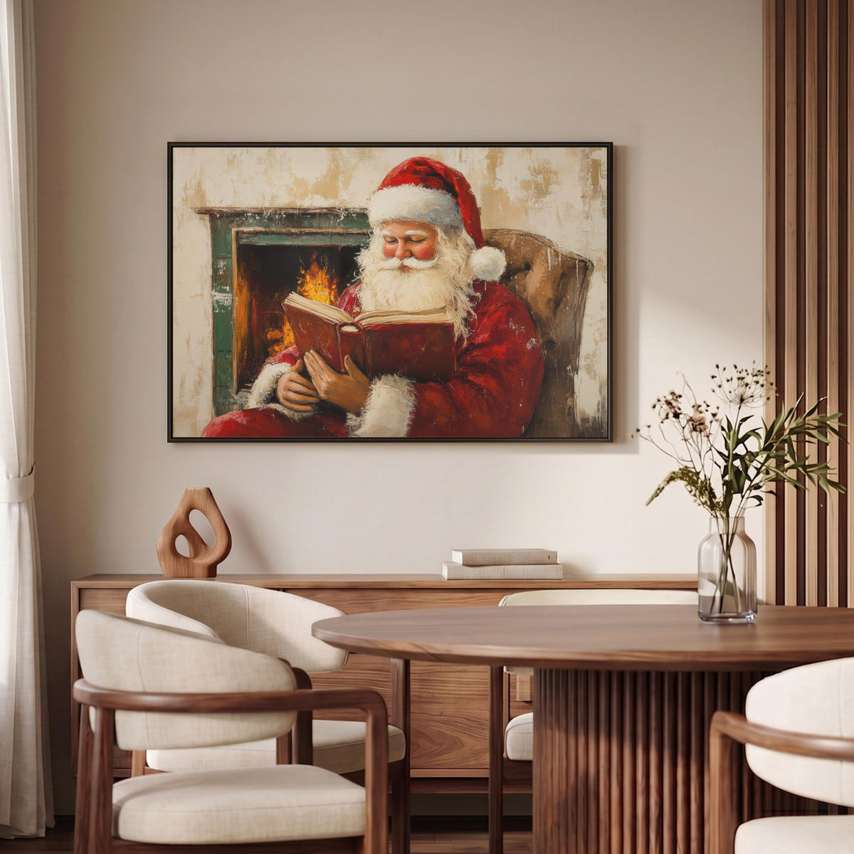 LEINWAND Bilder mit Rahmen - Weihnachten - Weihnachtsmann - Winter - Open Fireside - 90x60 - Dunkelrot, Textil (90/60cm) - MuchoWow